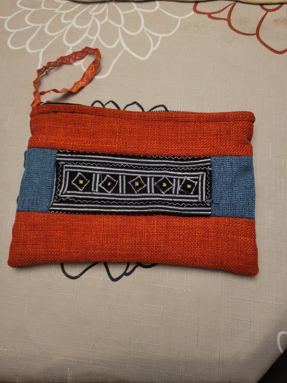 Orange and Blue Textile Wristlet with Embroidered Accent Voho Gypsey Hippiecore